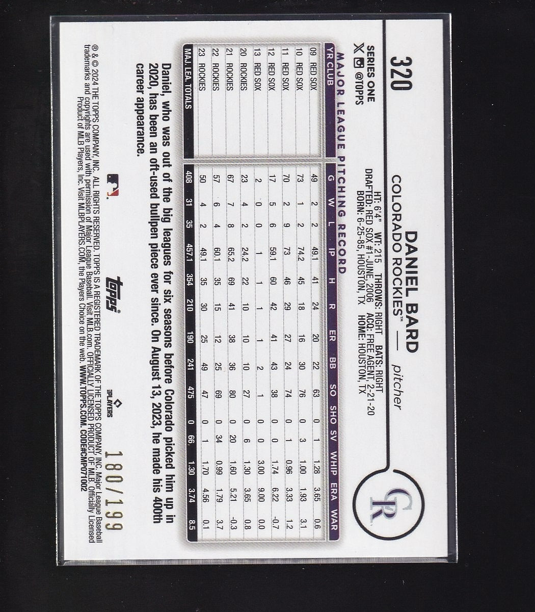 2024 Topps #320 Daniel Bard Red Crackle Foil #/199
