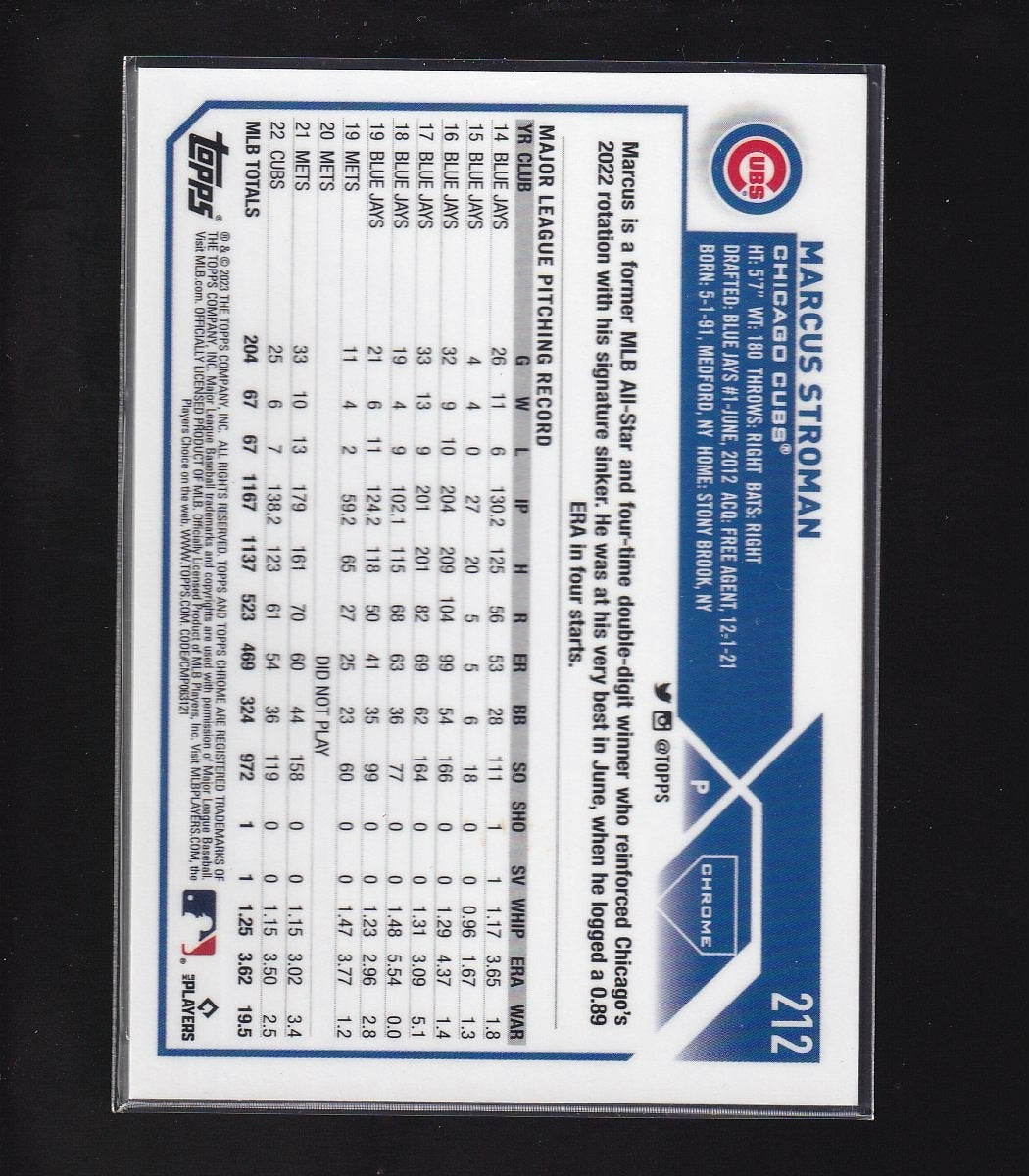 2023 Topps Chrome #212 Marcus Stroman Aqua Lava Refractor #/199