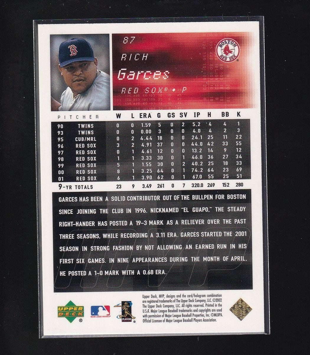 2002 Upper Deck MVP #87 Rich Garces Gold #/25